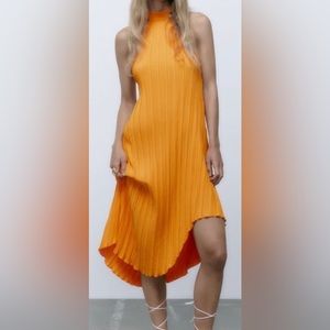 Zara pleated yellow/orange midi dress with open back